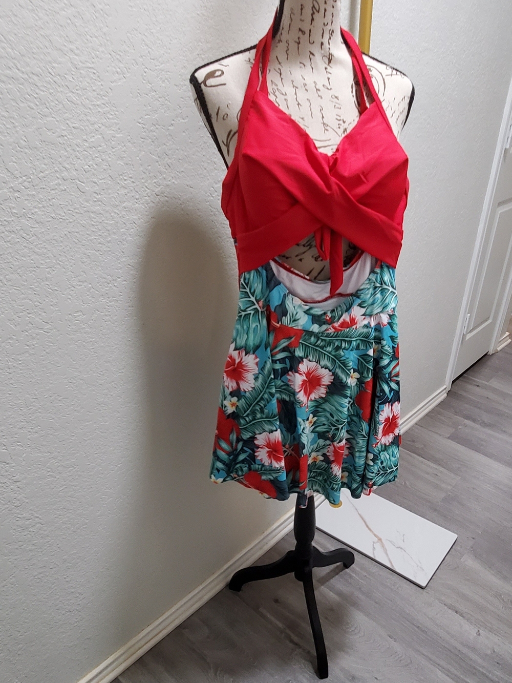 Red Tropical Halter One-Piece Swimdress